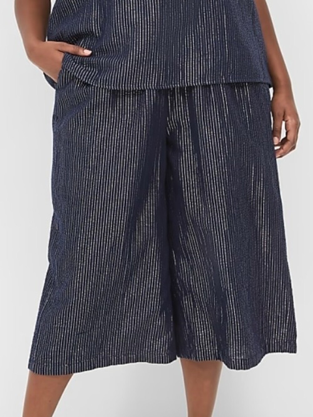 Lane Bryant Navy Elastic Waist Pants with Metallic Pin Stripes- 28P - Picture 1 of 7